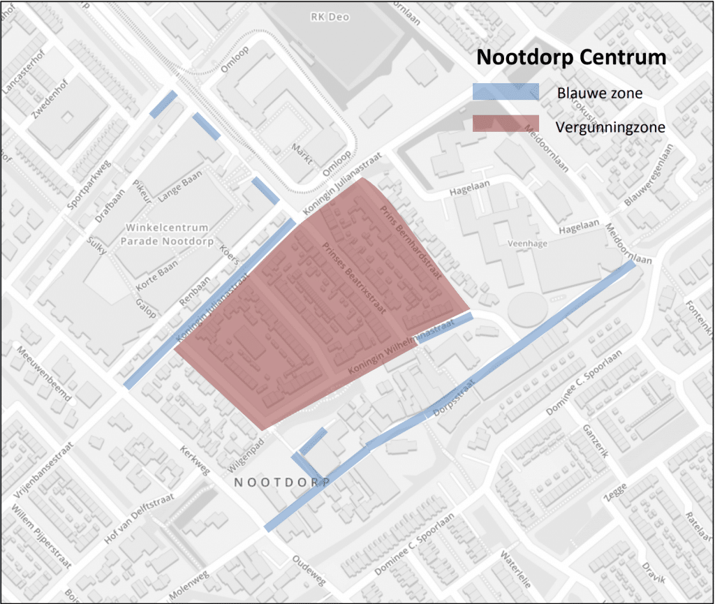 Een overzichtskaart van Nootdorp met de vergunning zones en blauwe zones die hierboven zijn besproken.