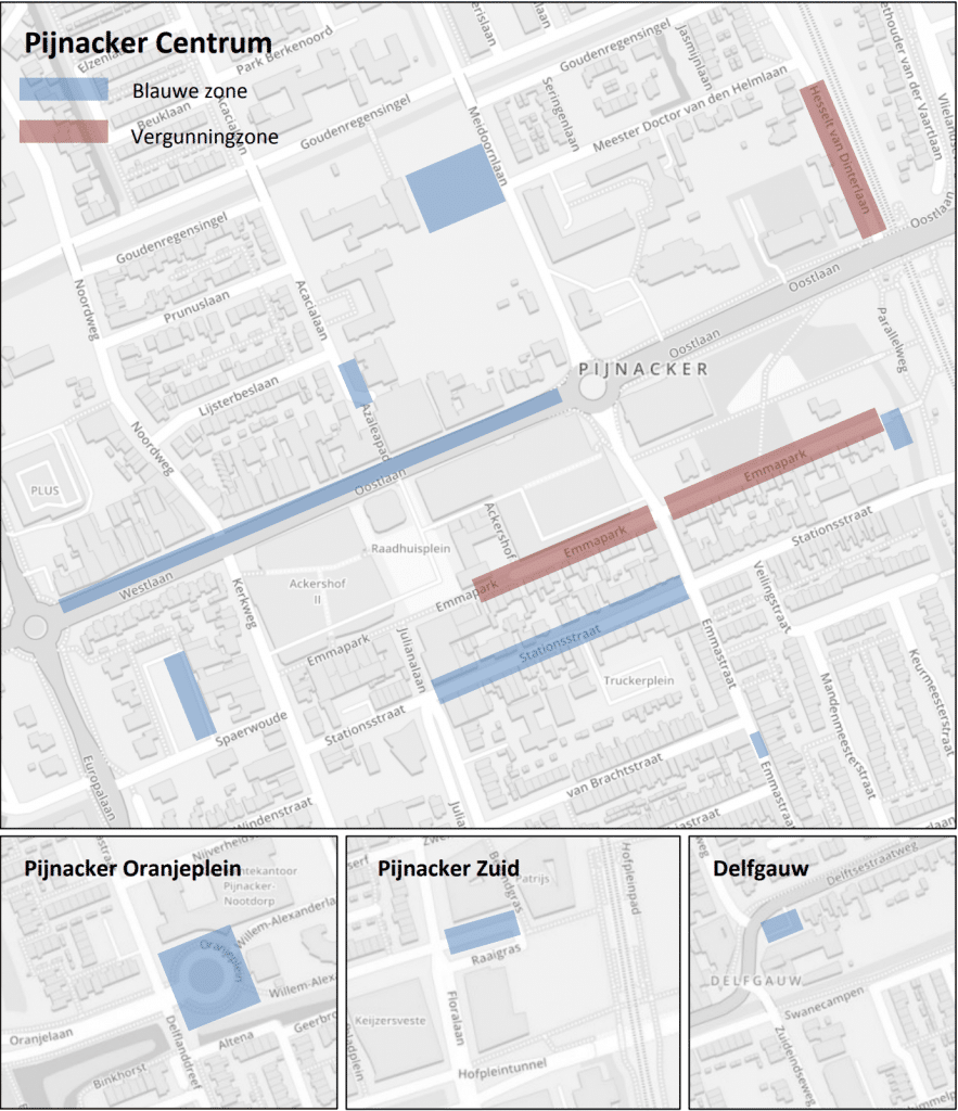 Een overzichtskaart van Pijnacker en Nootdorp met de vergunning zones en blauwe zones die hierboven zijn besproken.