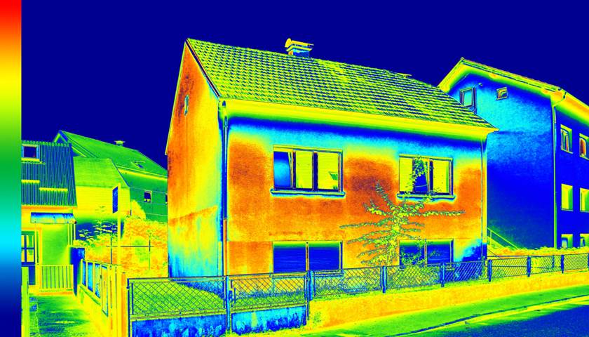 Warmtescanner geprojecteerd op een woning. Hierbij zijn groene, gele, oranje, rode en blauwe vlekken te zien op de woning waarmee rood aangeeft waar er veel warmte verloren gaat en blauw waar weinig warmte verloren gaat. 